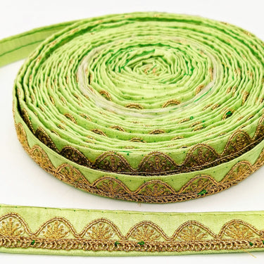 Pastel Green Art Silk Trim with Gold Embroidery and Sequins Indian Sari Border Trim By 3 Yards Decorative Trim Craft Lace